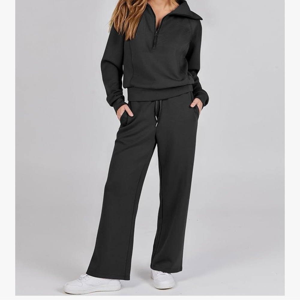 Anrabess Two Piece Sweatsuit, Lounge/Travel Set Black Large Quarter Zip Top - Picture 2 of 13